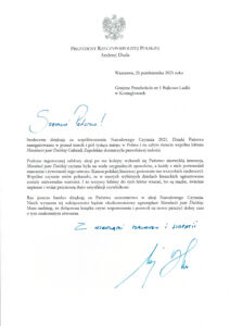 treść listu od Prezydenta Polski