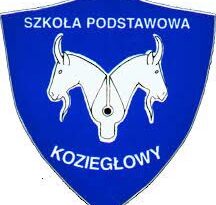 logotyp szkoły podstwawowej w kształcie szkolnej tarczy przedstawiający dwie głowy kóz