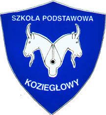 logotyp szkoły podstwawowej w kształcie szkolnej tarczy przedstawiający dwie głowy kóz