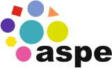 logotyp aspe - kolorowe kształty geometryczne oraz napis aspe