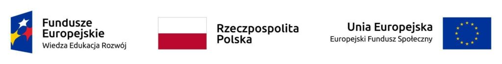 Logotyp Funduszy Europejskich, flaga Rzeczypospolitej Polskiej oraz logotyp Europejskiego Funduszu Społecznego Unii Europejskiej